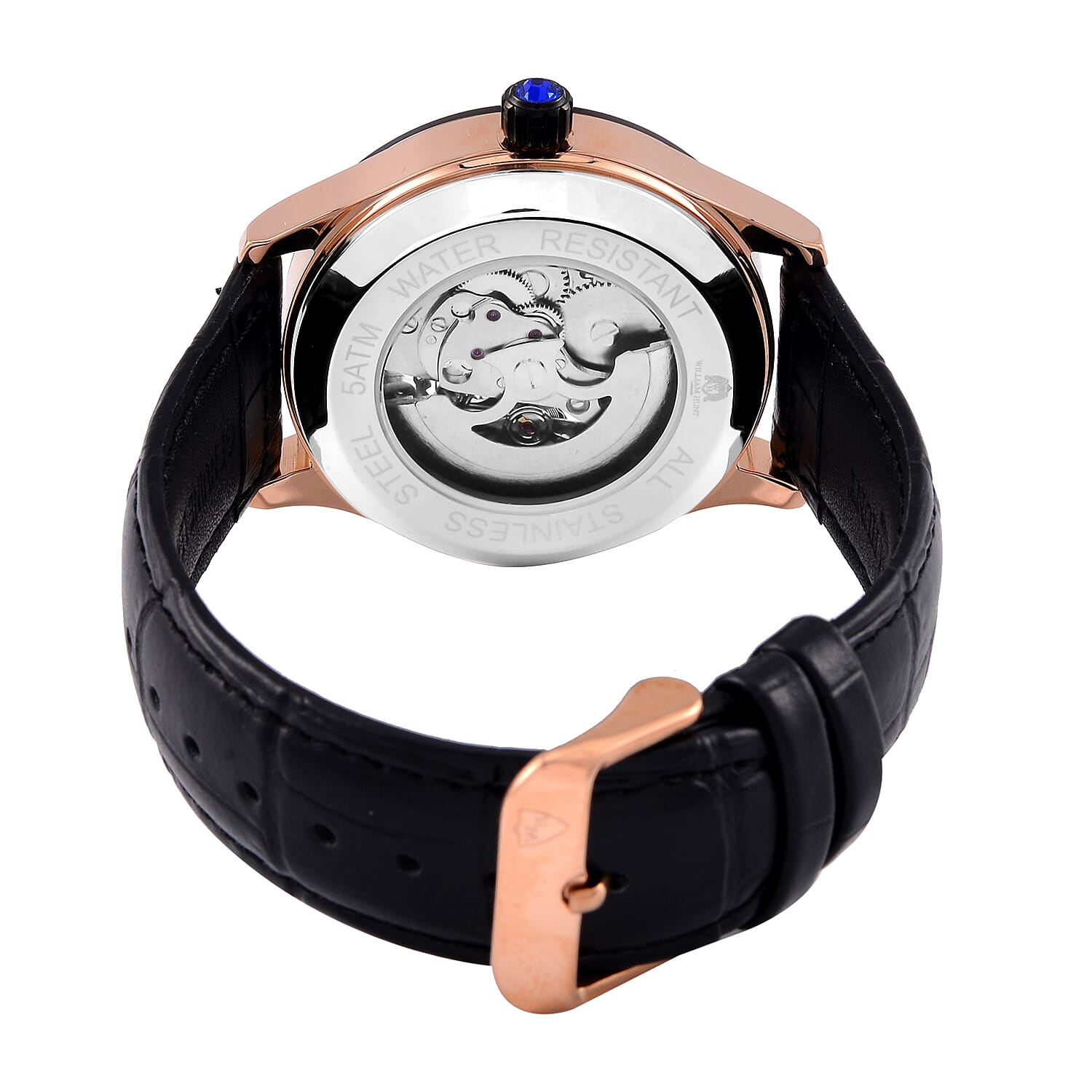WILLIAM HUNT 5 ATM Water Resistant Automatic Movt. Watch in Rose Gold Tone with Black Leather Strap