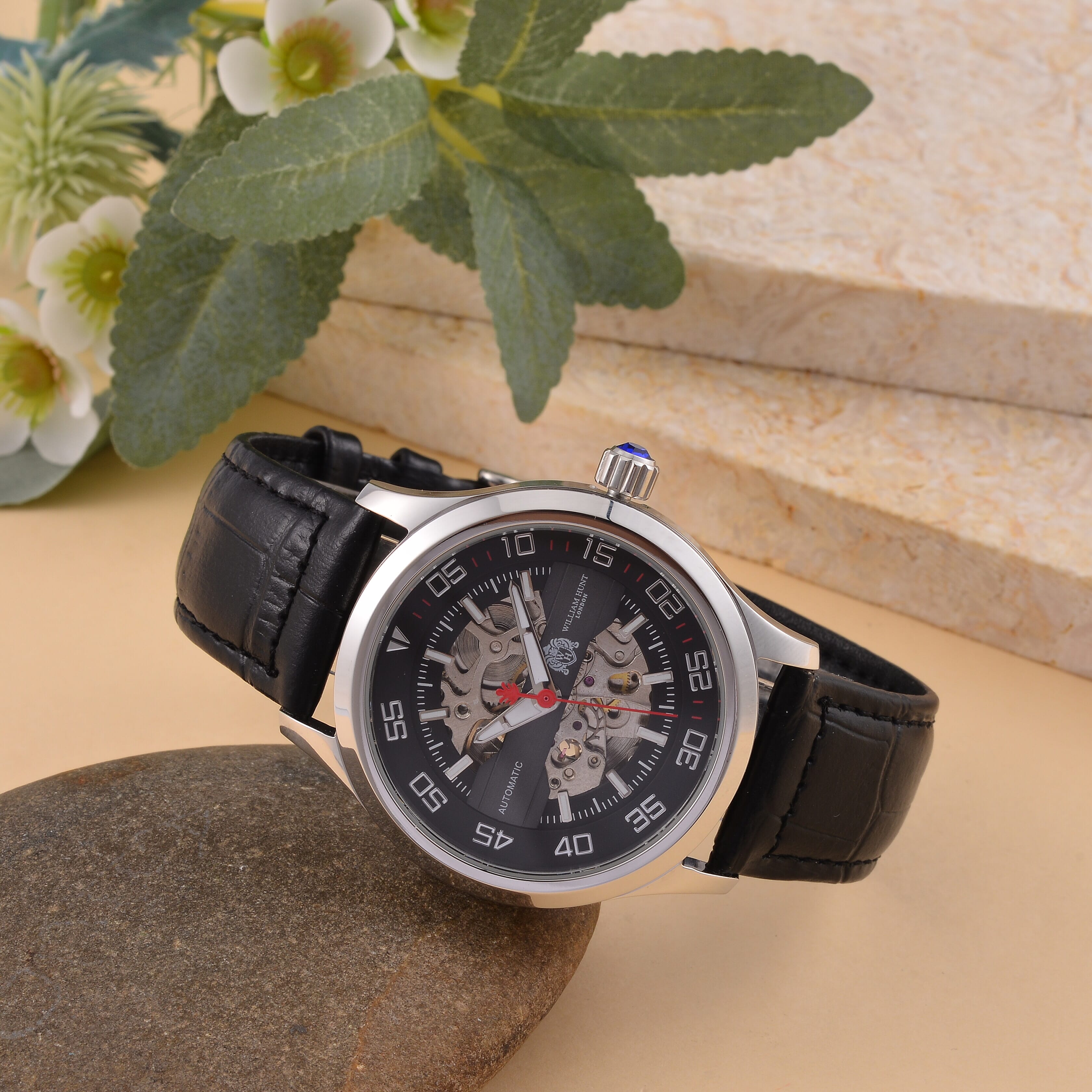 WILLIAM HUNT 5 ATM Water Resistant Automatic Movt. Watch in Silver Tone with Black Leather Strap