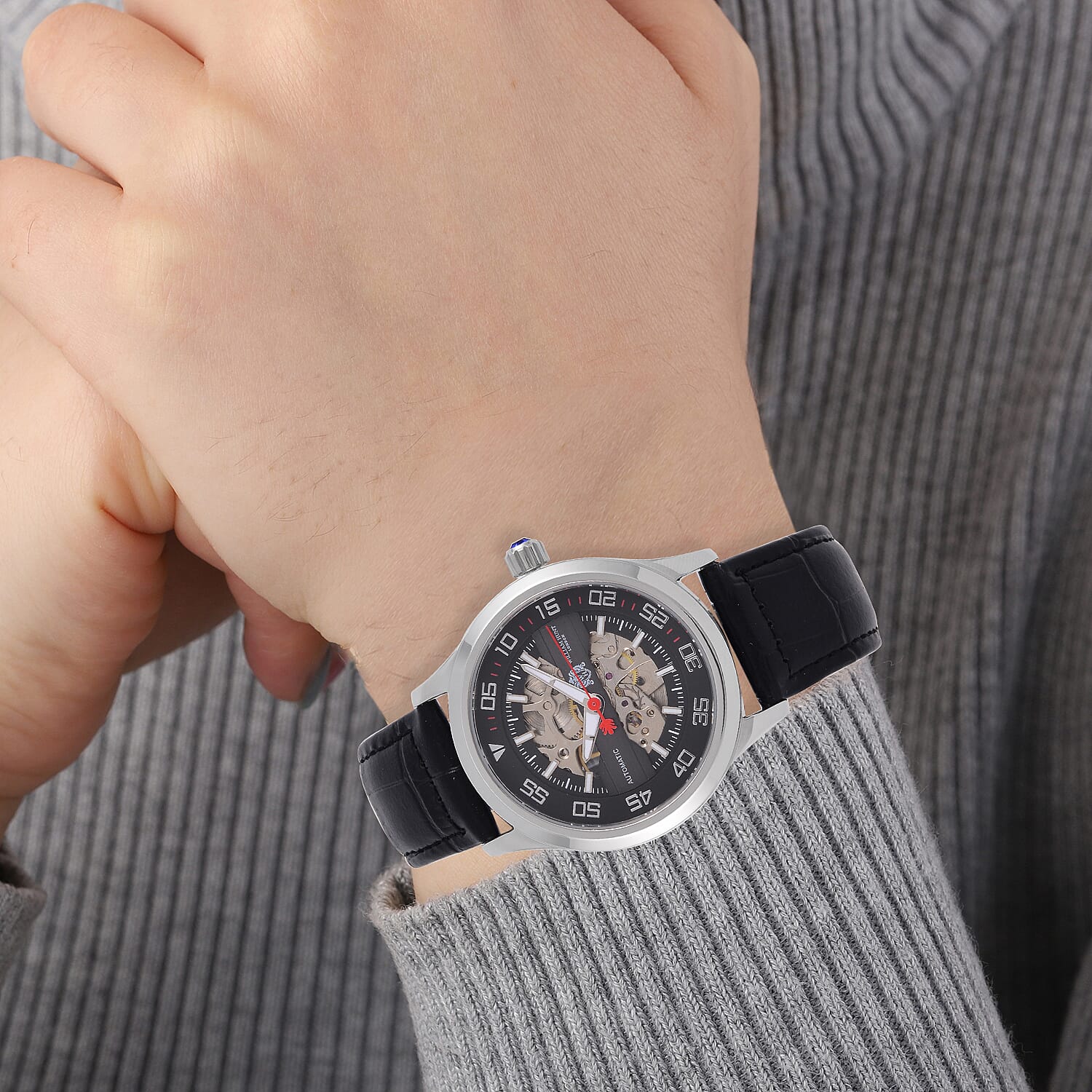 WILLIAM HUNT 5 ATM Water Resistant Automatic Movt. Watch in Silver Tone with Black Leather Strap