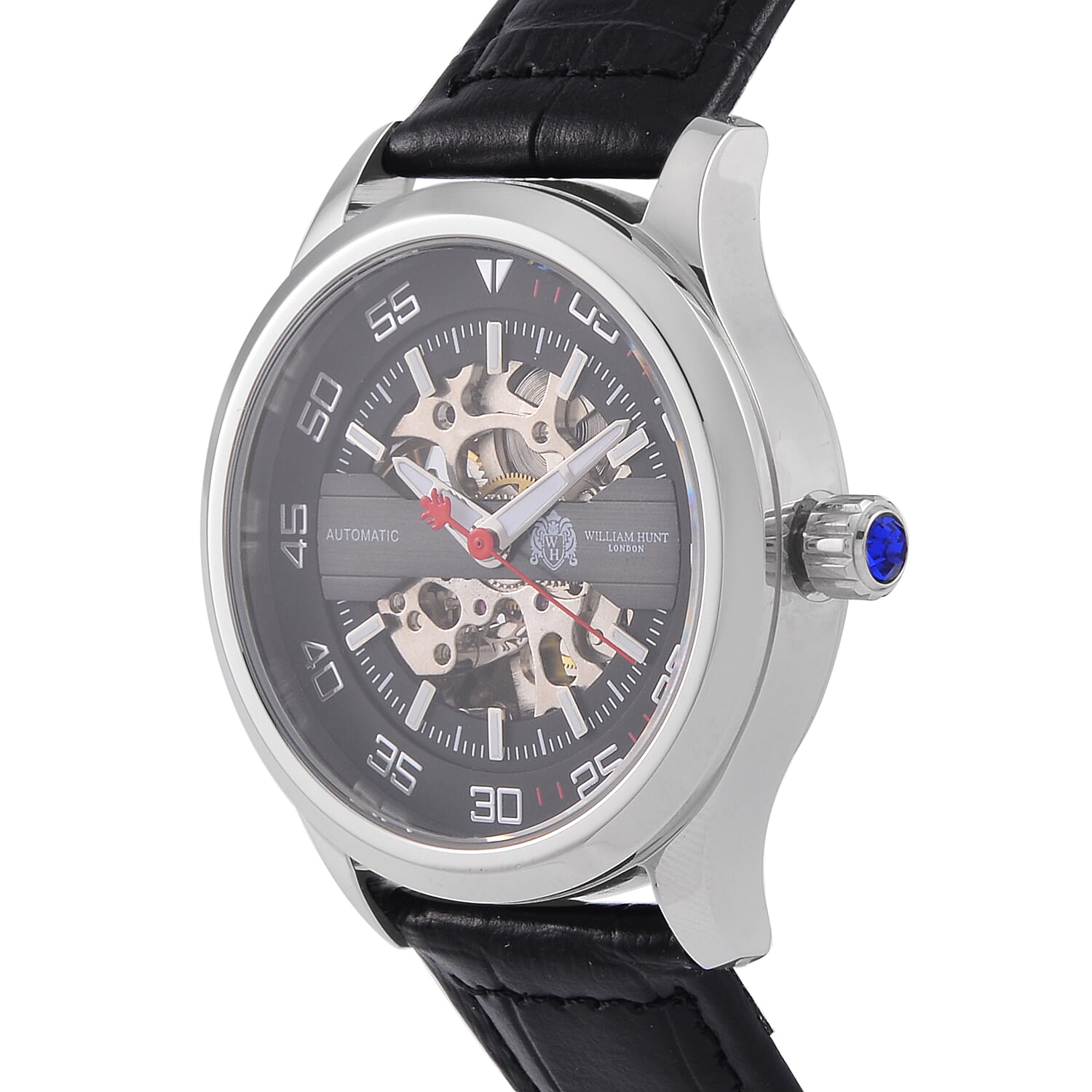 WILLIAM HUNT 5 ATM Water Resistant Automatic Movt. Watch in Silver Tone with Black Leather Strap