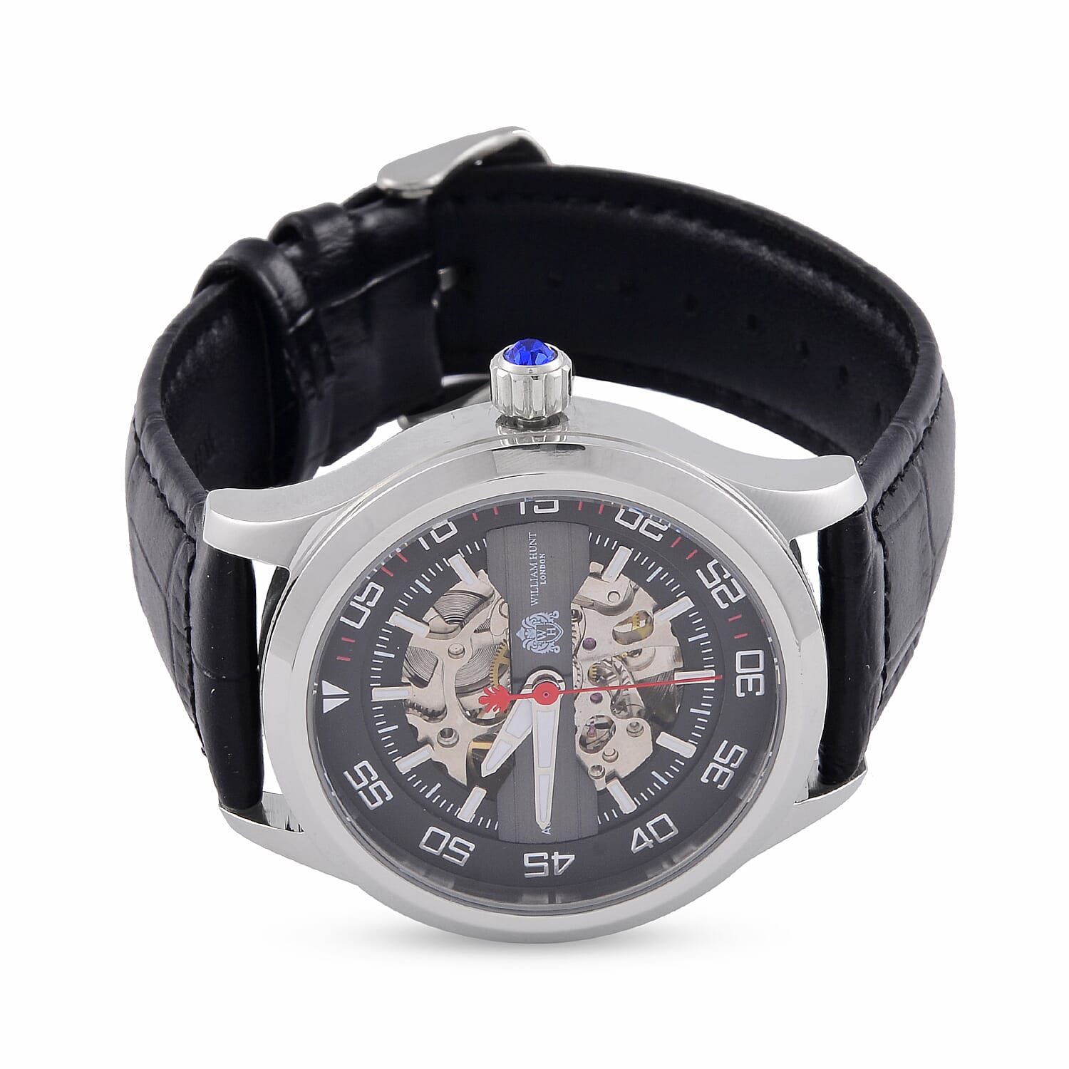 WILLIAM HUNT 5 ATM Water Resistant Automatic Movt. Watch in Silver Tone with Black Leather Strap