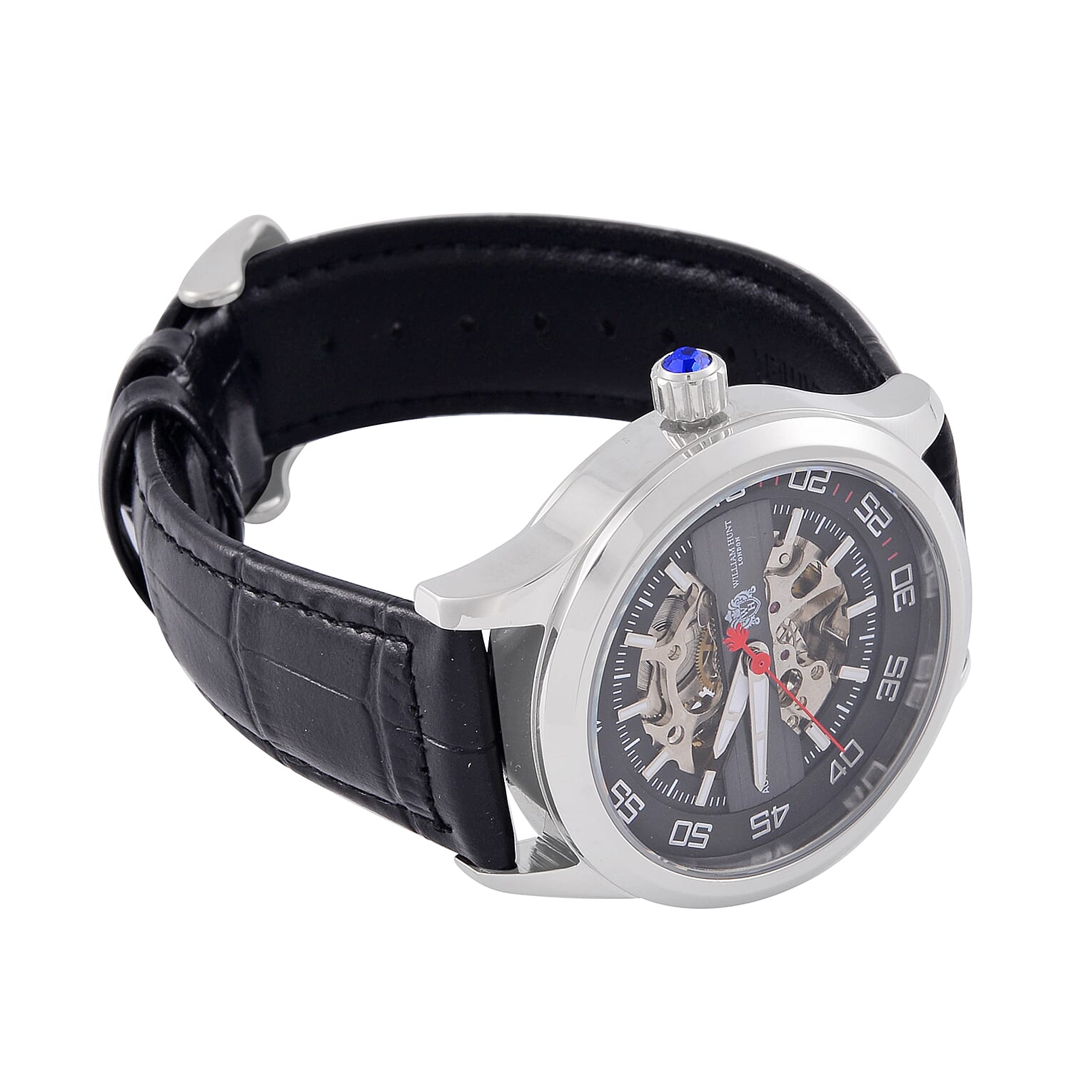WILLIAM HUNT 5 ATM Water Resistant Automatic Movt. Watch in Silver Tone with Black Leather Strap