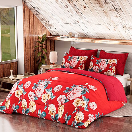 3 Piece Set - Peony Pattern Comforter with 2 Pillow Cases (Double Size 200x200 cm) - Red