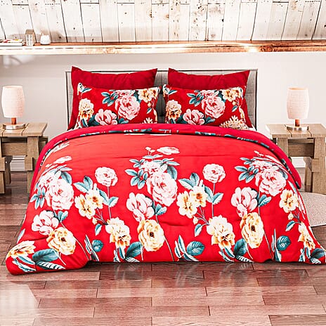 3 Piece Set - Peony Pattern Comforter with 2 Pillow Cases (Double Size 200x200 cm) - Red