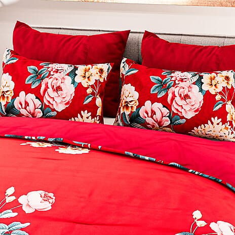 3 Piece Set - Peony Pattern Comforter with 2 Pillow Cases (Double Size 200x200 cm) - Red