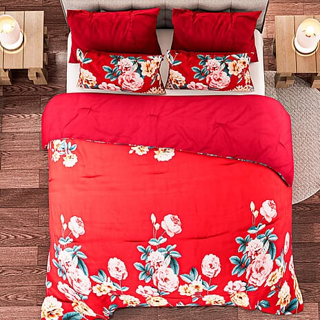 3 Piece Set - Peony Pattern Comforter with 2 Pillow Cases (Double Size 200x200 cm) - Red
