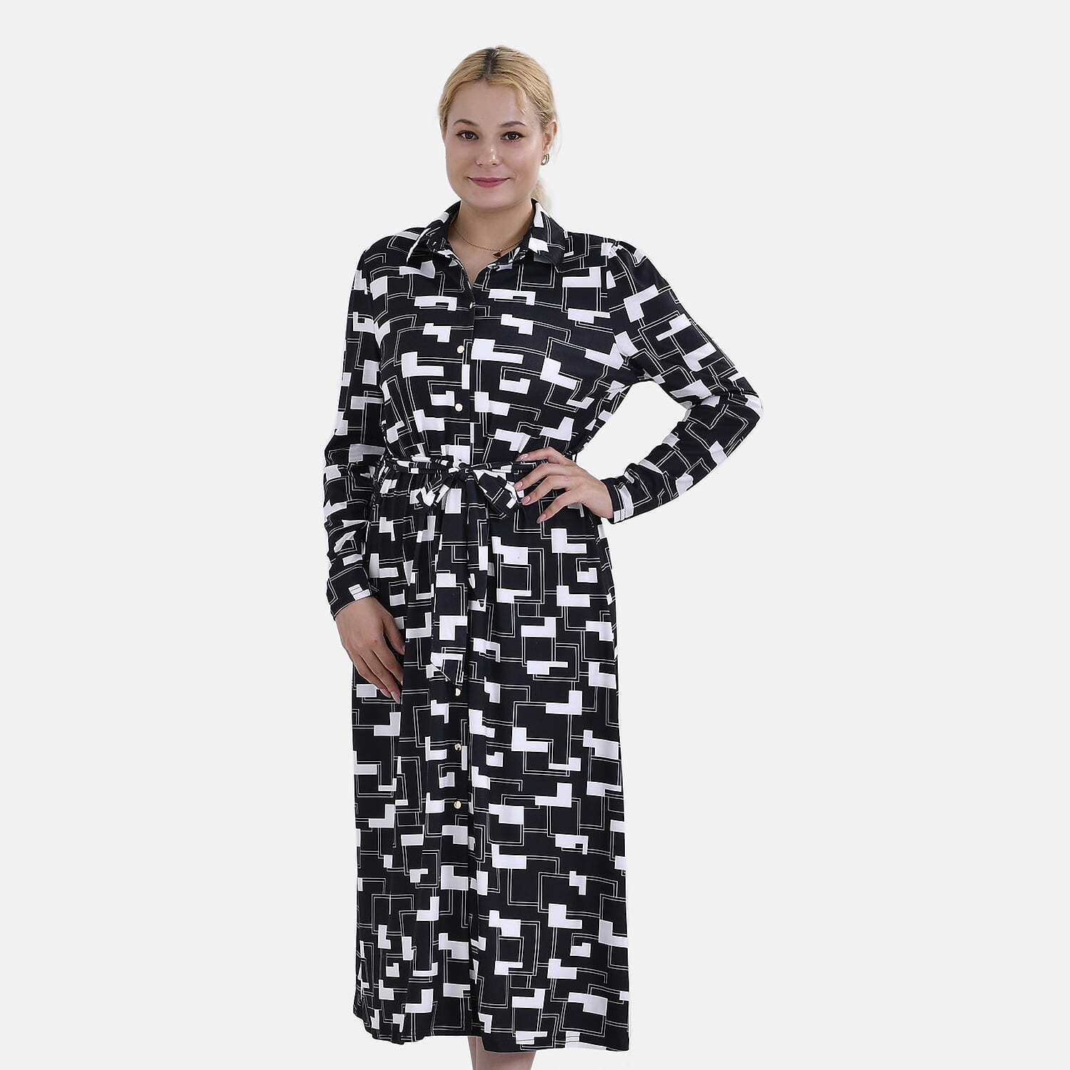 La Marey Geometric Pattern Jersey Waistband Midi Dress (Size S) - Black & White