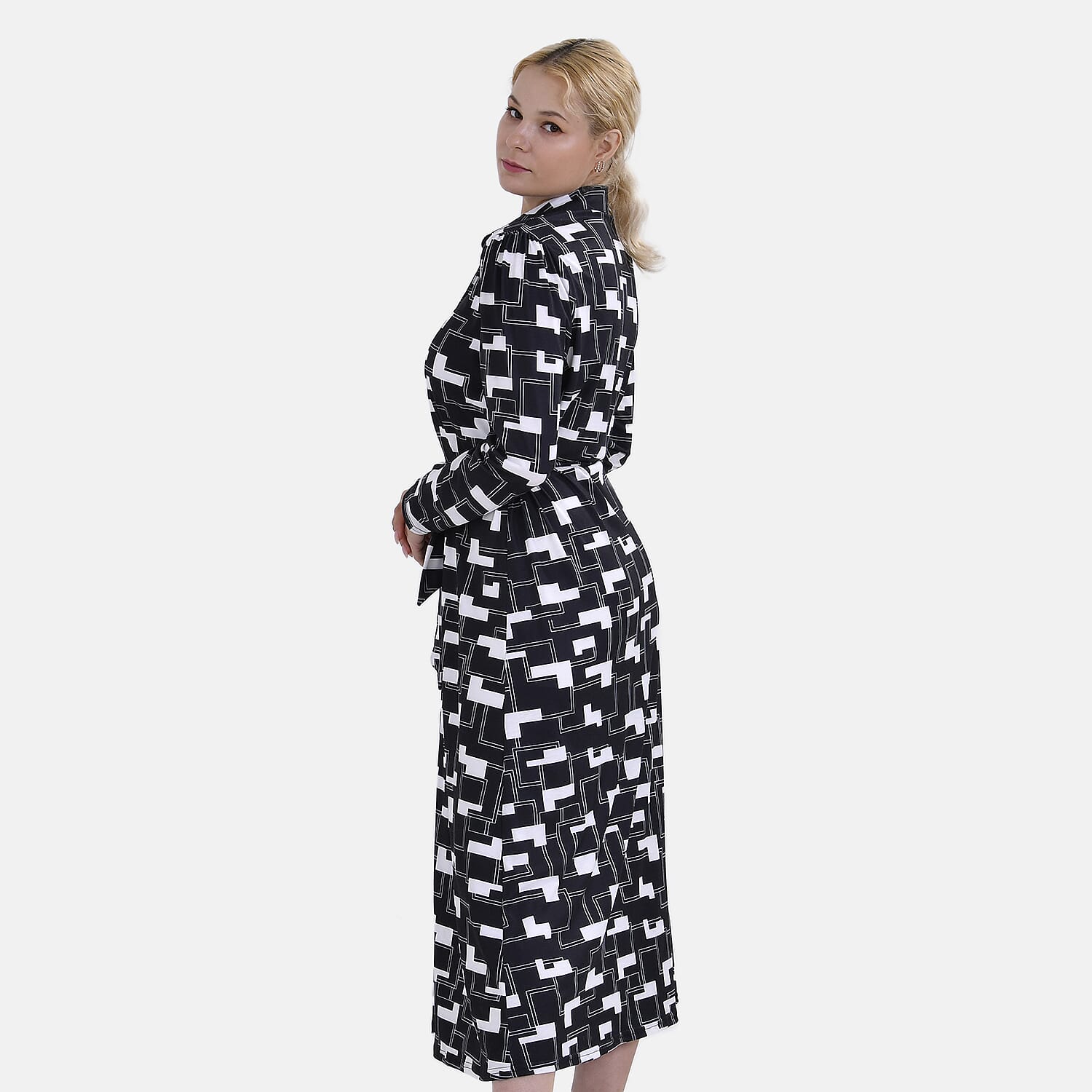 La Marey Geometric Pattern Jersey Waistband Midi Dress (Size S) - Black & White