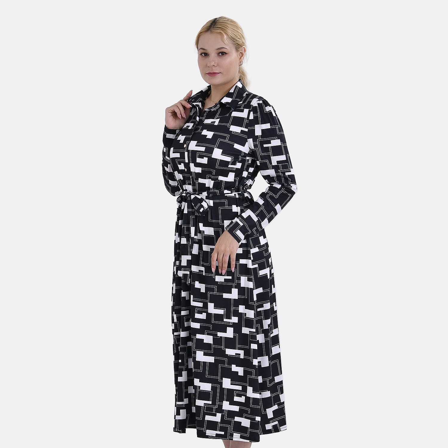 La Marey Geometric Pattern Jersey Waistband Midi Dress (Size S) - Black & White