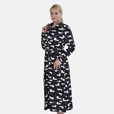 La Marey Geometric Pattern Jersey Waistband Midi Dress (Size XXL) - Black - White