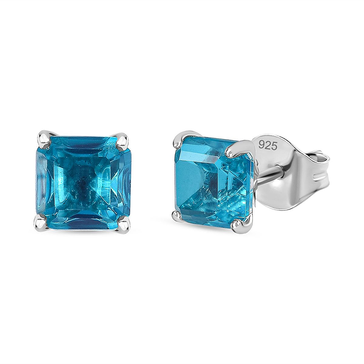 Capri Blue Triplet Quartz Stud Earrings in Platinum Overlay Sterling Silver 2.858  Ct.