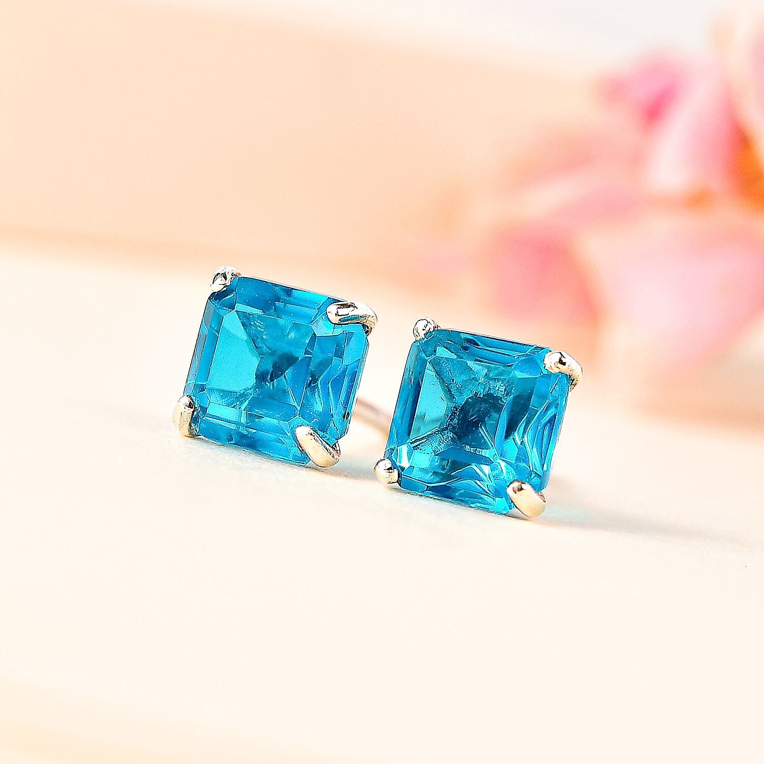 Capri Blue Triplet Quartz Solitaire Earrings in Platinum Overlay Sterling Silver 2.86 Ct.