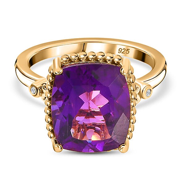 AAA Amethyst & Diamond Solitaire Ring in 18K Vermeil Yellow Gold Plated ...