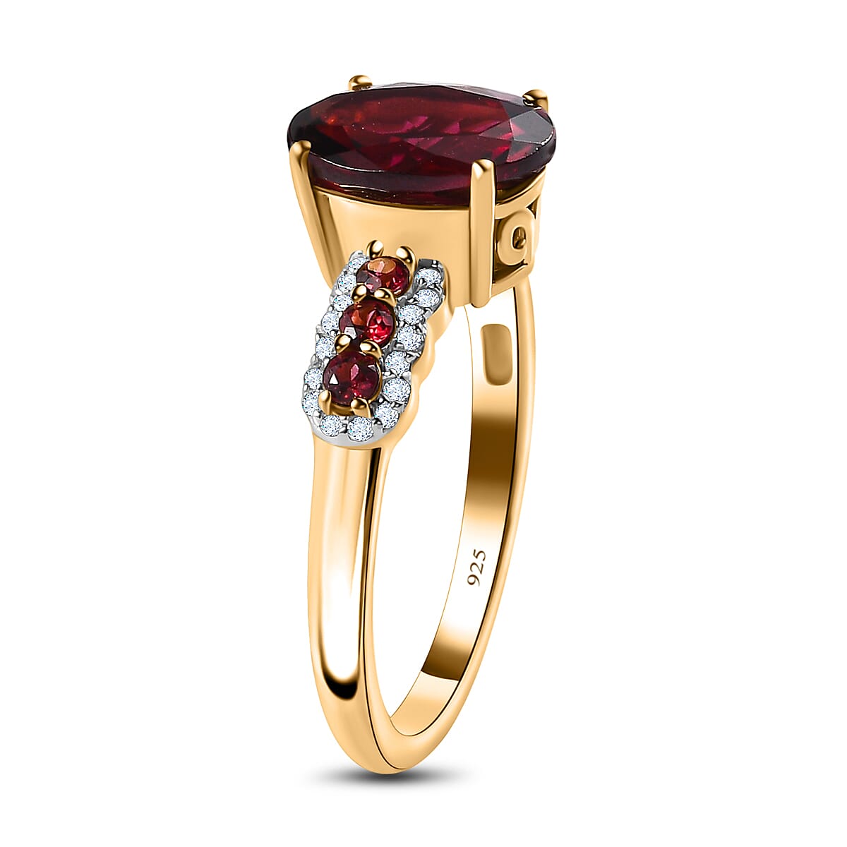 Rhodolite Garnet, Moissanite & Orissa Rose Garnet Ring in 18K Vermeil Yellow Gold Plated Sterling Silver 3.34 Ct.