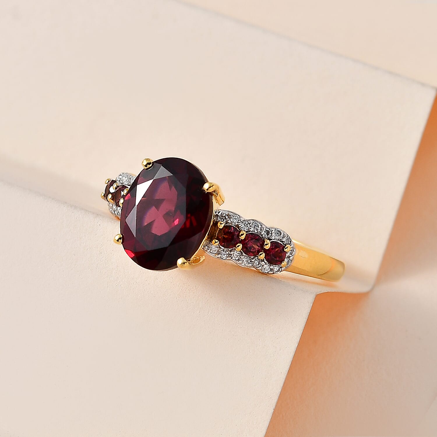 Rhodolite Garnet, Moissanite & Orissa Rose Garnet Ring in 18K Vermeil Yellow Gold Plated Sterling Silver 3.34 Ct.