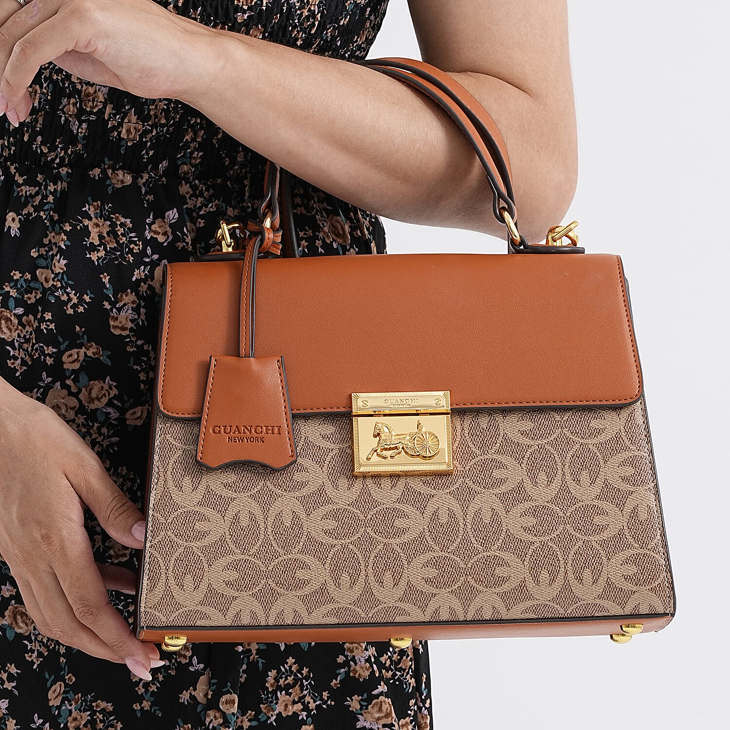 GUANCHI Oval Pattern Crossbody Bag with Handle Drop - Brown & Beige