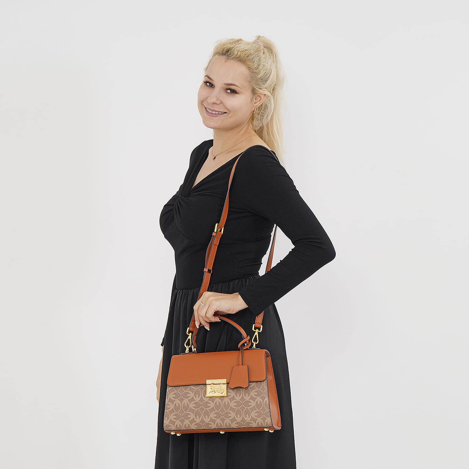 GUANCHI Oval Pattern Crossbody Bag with Handle Drop - Brown & Beige