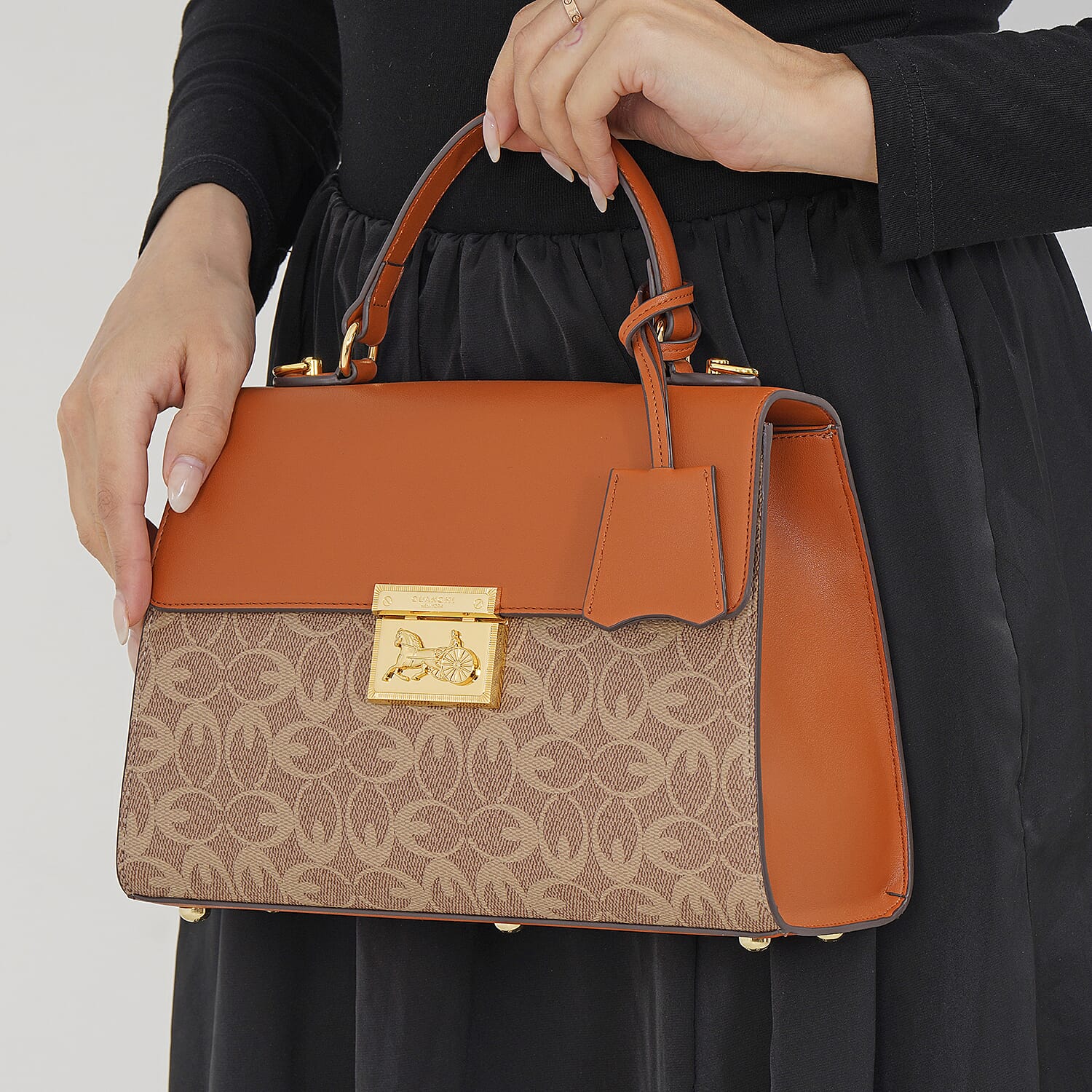 GUANCHI Oval Pattern Crossbody Bag with Handle Drop - Brown & Beige