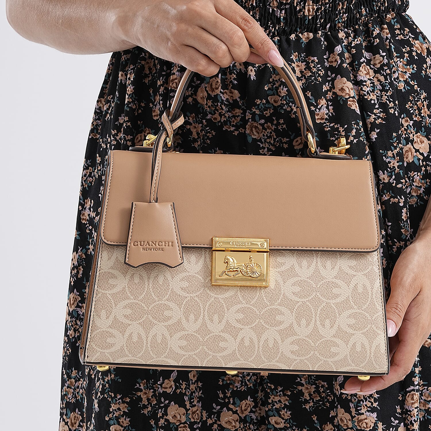 GUANCHI Oval Pattern Crossbody Bag with Handle Drop - Off White & Apricot