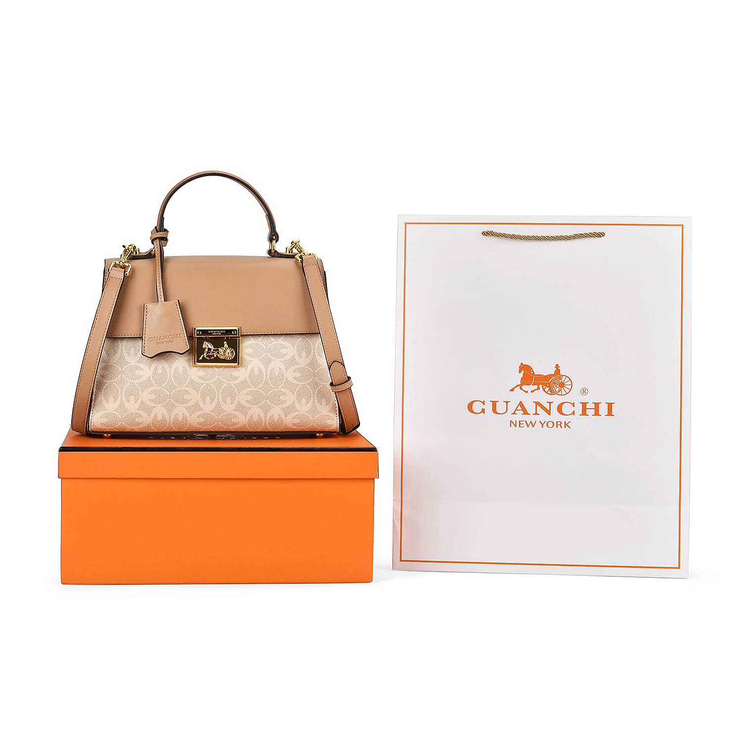 GUANCHI Oval Pattern Crossbody Bag with Handle Drop - Off White & Apricot