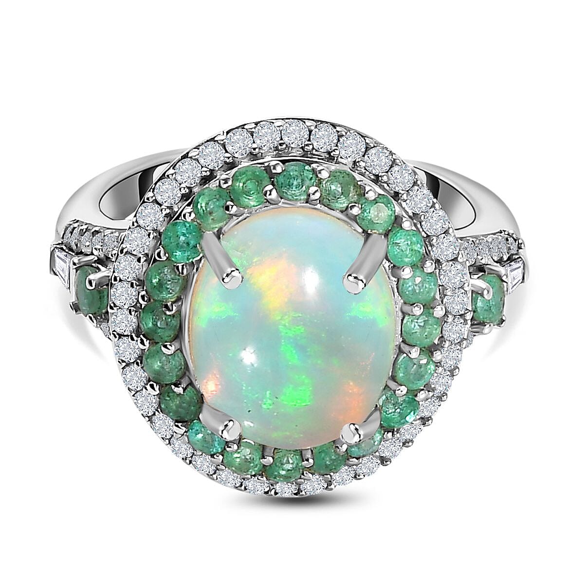 Ethiopian Welo Opal, Emerald & Natural Zircon Ring in Platinum Overlay Sterling Silver 3.76 Ct.