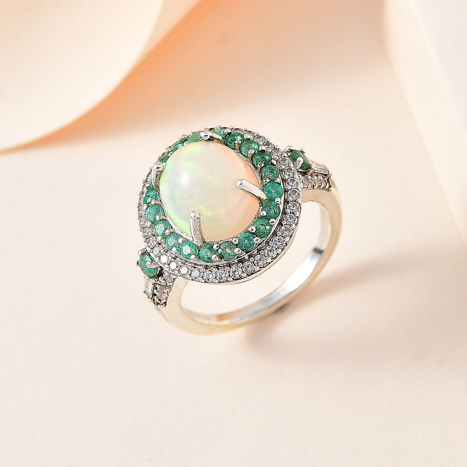 Ethiopian Welo Opal, Emerald & Natural Zircon Ring in Platinum Overlay Sterling Silver 3.76 Ct.