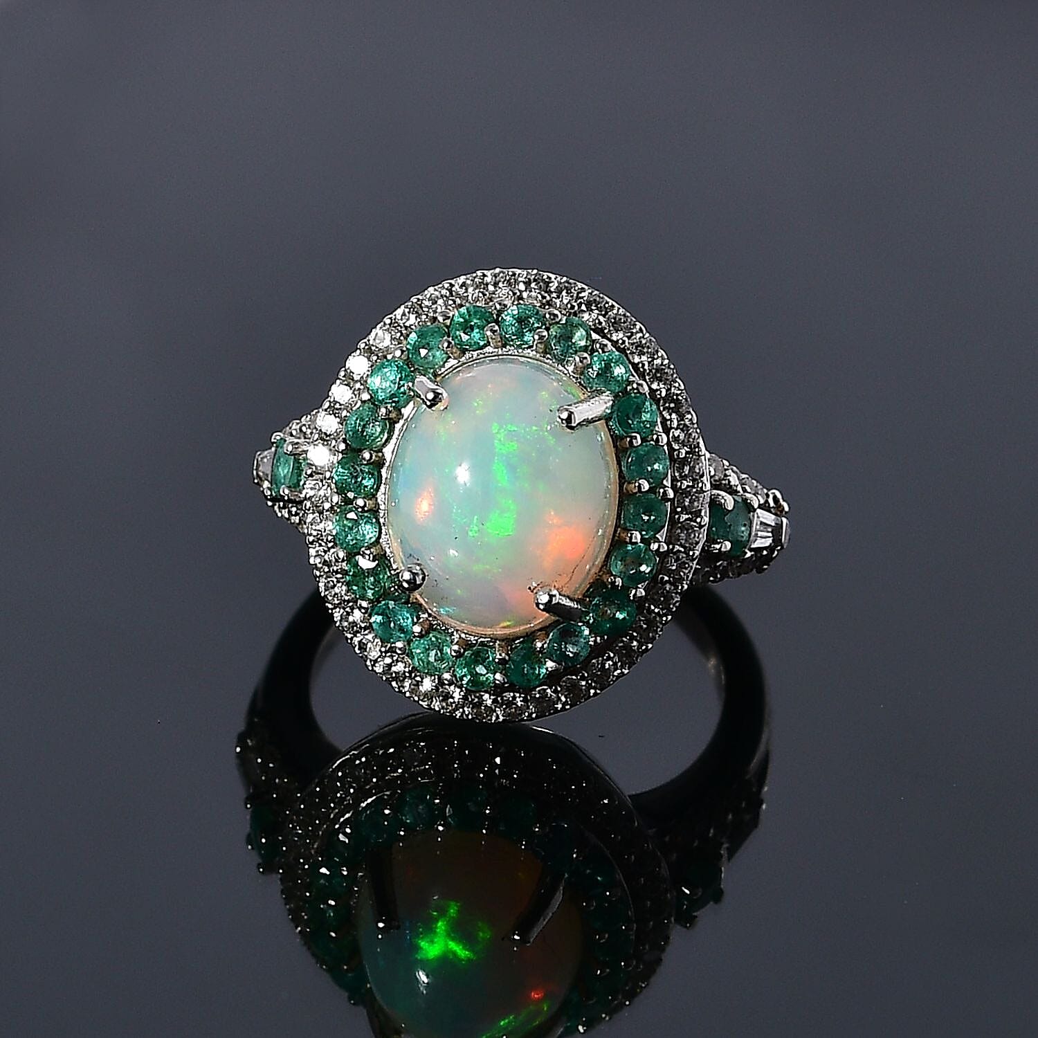 Ethiopian Welo Opal, Emerald & Natural Zircon Ring in Platinum Overlay Sterling Silver 3.76 Ct.