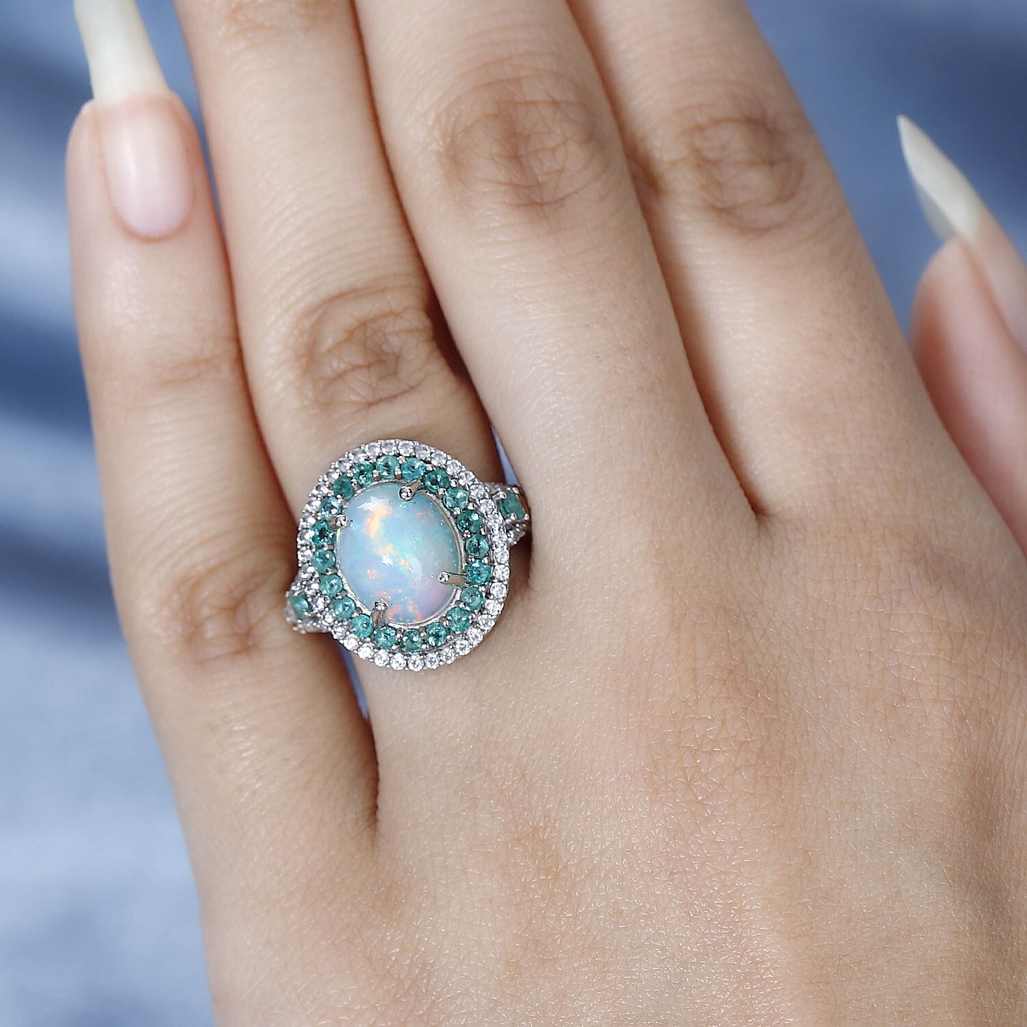 Ethiopian Welo Opal, Emerald & Natural Zircon Ring in Platinum Overlay Sterling Silver 3.76 Ct.