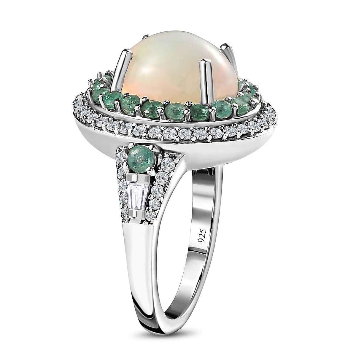 Ethiopian Welo Opal, Emerald & Natural Zircon Ring in Platinum Overlay Sterling Silver 3.76 Ct.