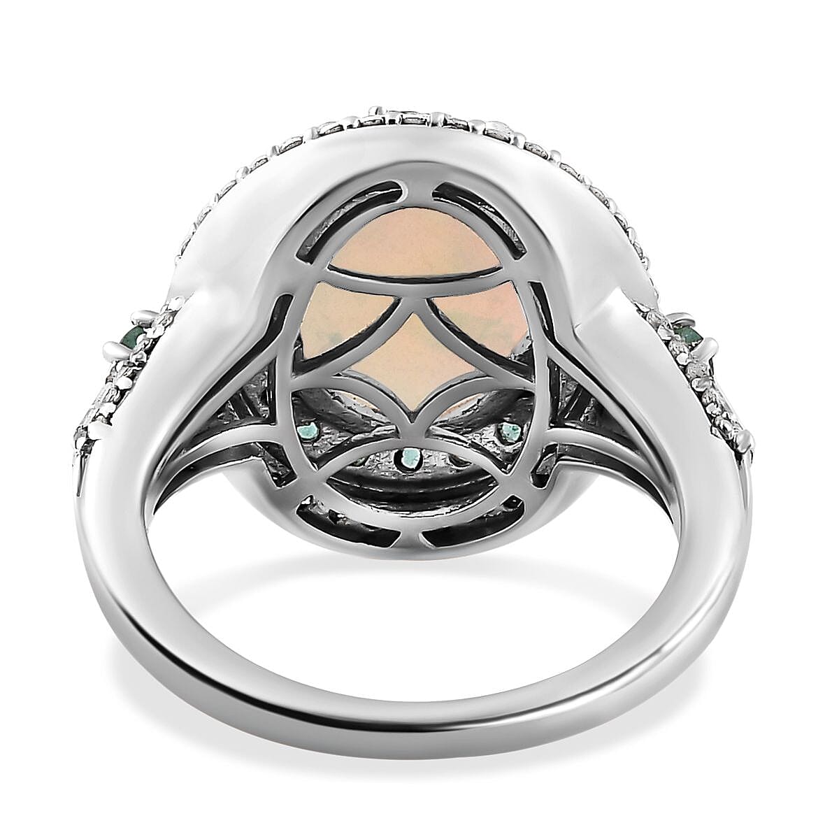 Ethiopian Welo Opal, Emerald & Natural Zircon Ring in Platinum Overlay Sterling Silver 3.76 Ct.