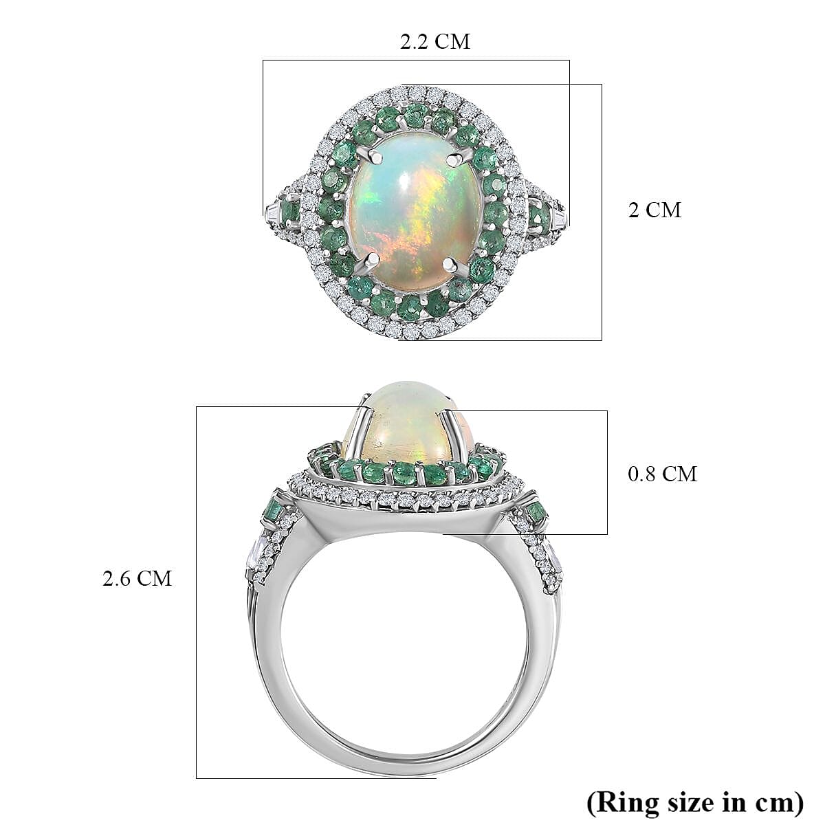 Ethiopian Welo Opal, Emerald & Natural Zircon Ring in Platinum Overlay Sterling Silver 3.76 Ct.