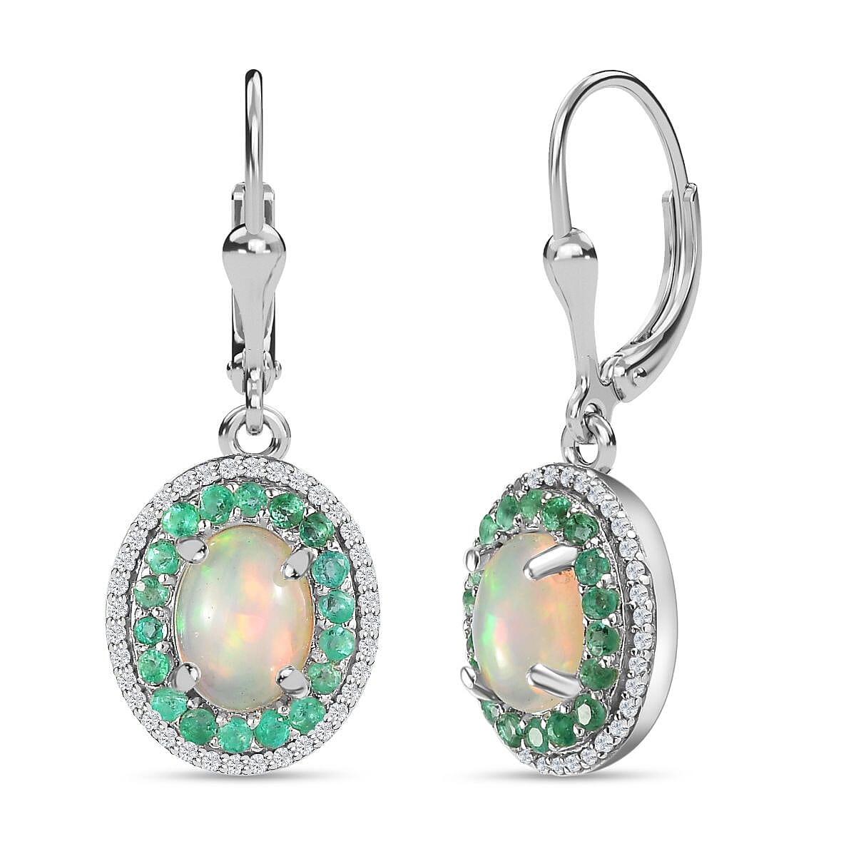 Ethiopian Welo Opal, Emerald & Natural Zircon Earrings in Platinum Overlay Sterling Silver 2.91 Ct.