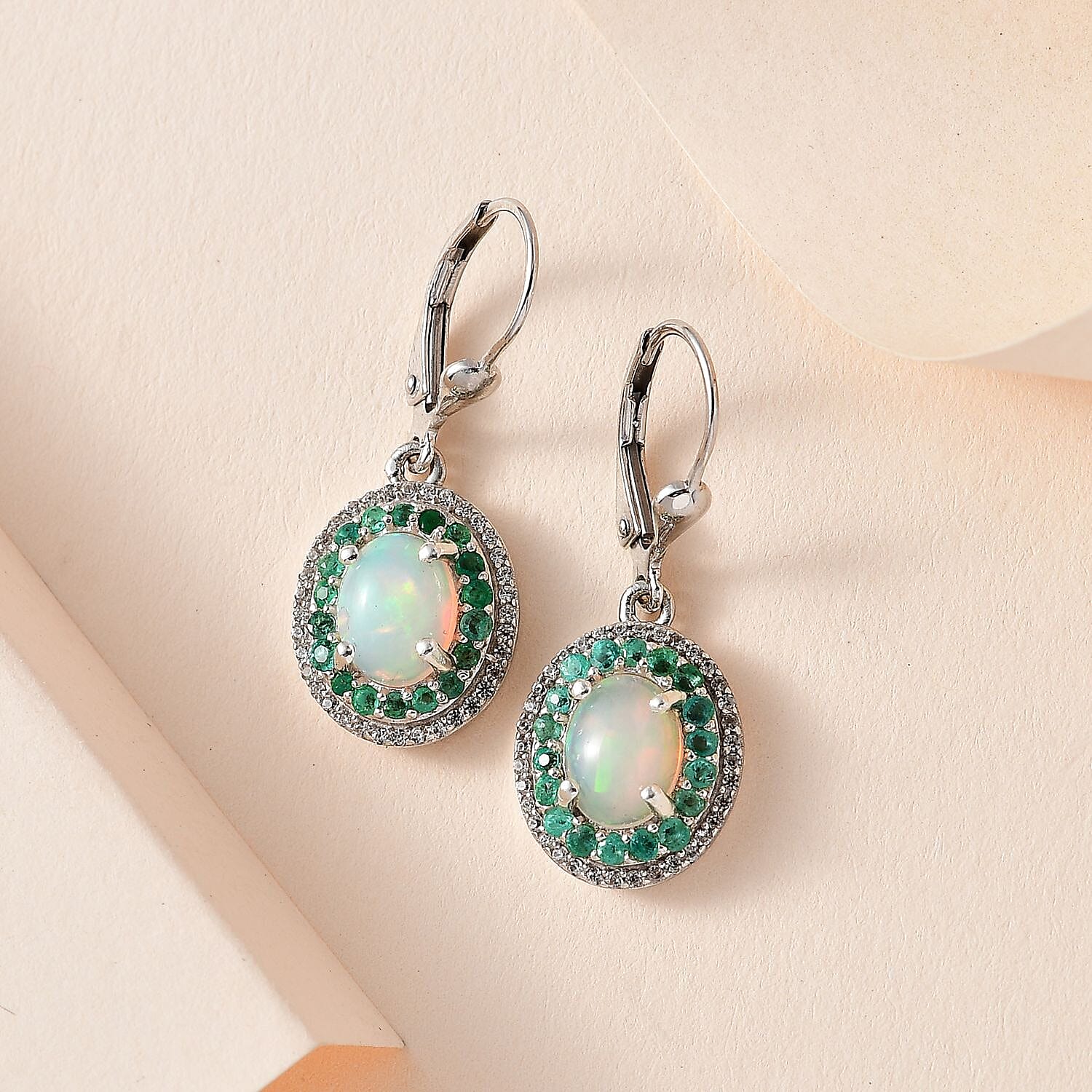 Ethiopian Welo Opal, Emerald & Natural Zircon Earrings in Platinum Overlay Sterling Silver 2.91 Ct.