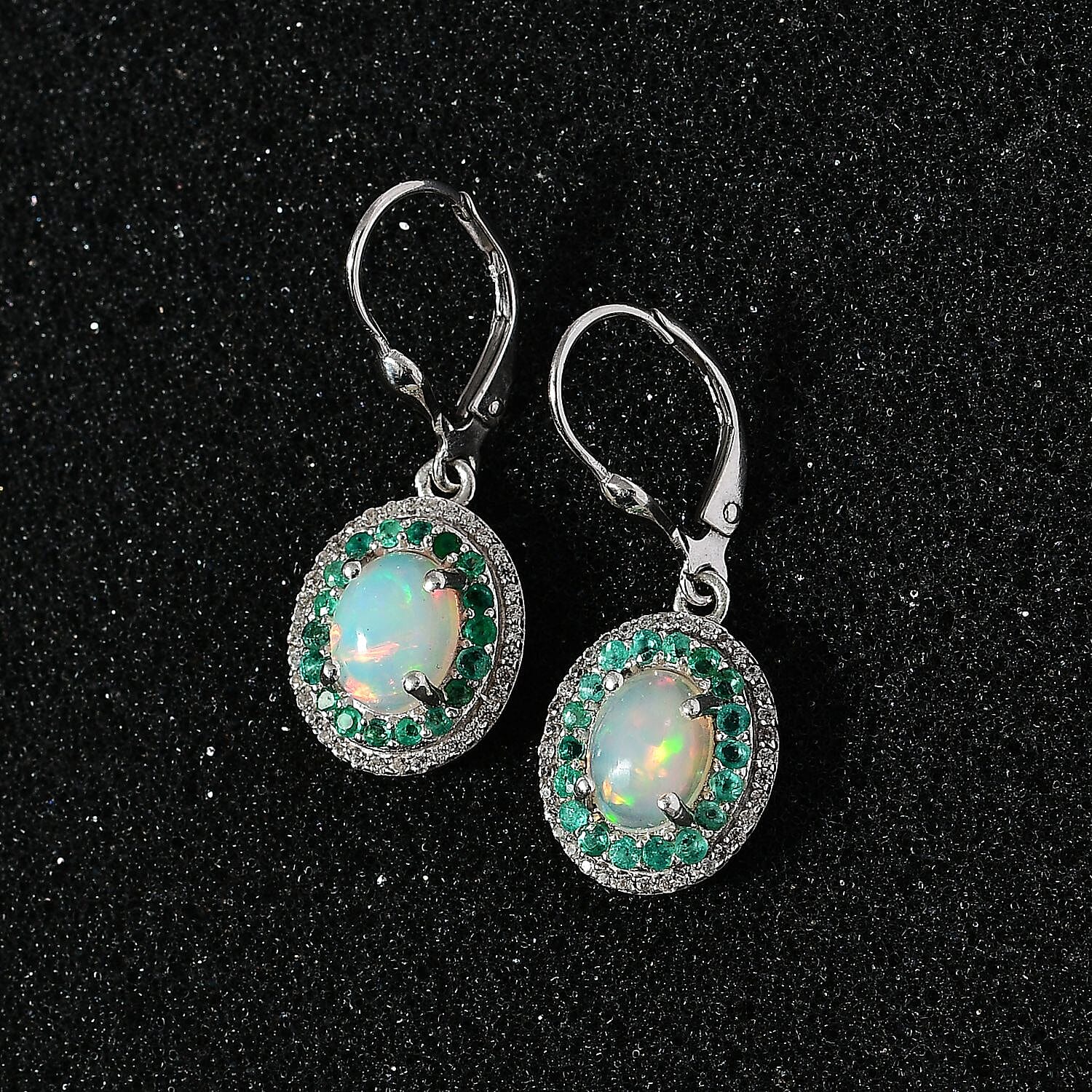 Ethiopian Welo Opal, Emerald & Natural Zircon Earrings in Platinum Overlay Sterling Silver 2.91 Ct.