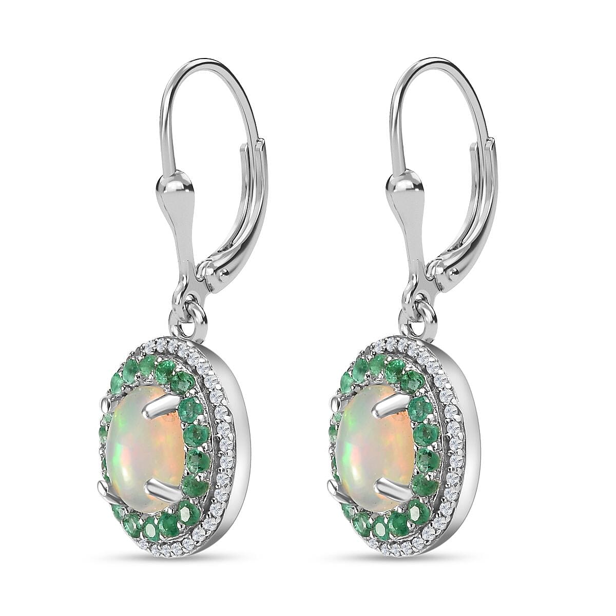 Ethiopian Welo Opal, Emerald & Natural Zircon Earrings in Platinum Overlay Sterling Silver 2.91 Ct.