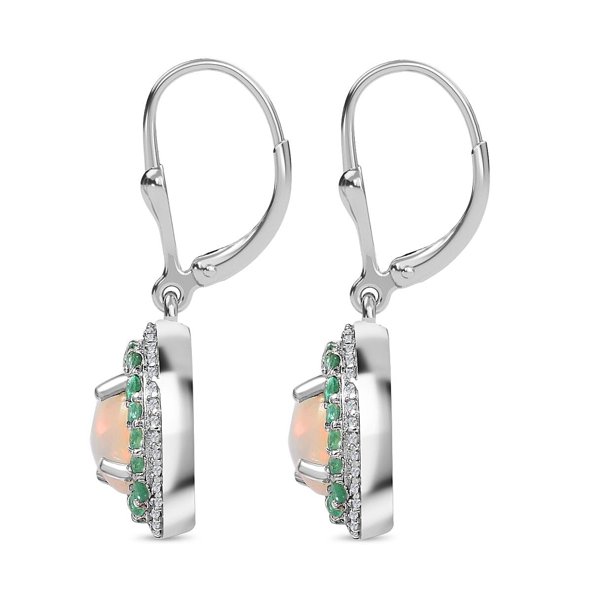 Ethiopian Welo Opal, Emerald & Natural Zircon Earrings in Platinum Overlay Sterling Silver 2.91 Ct.