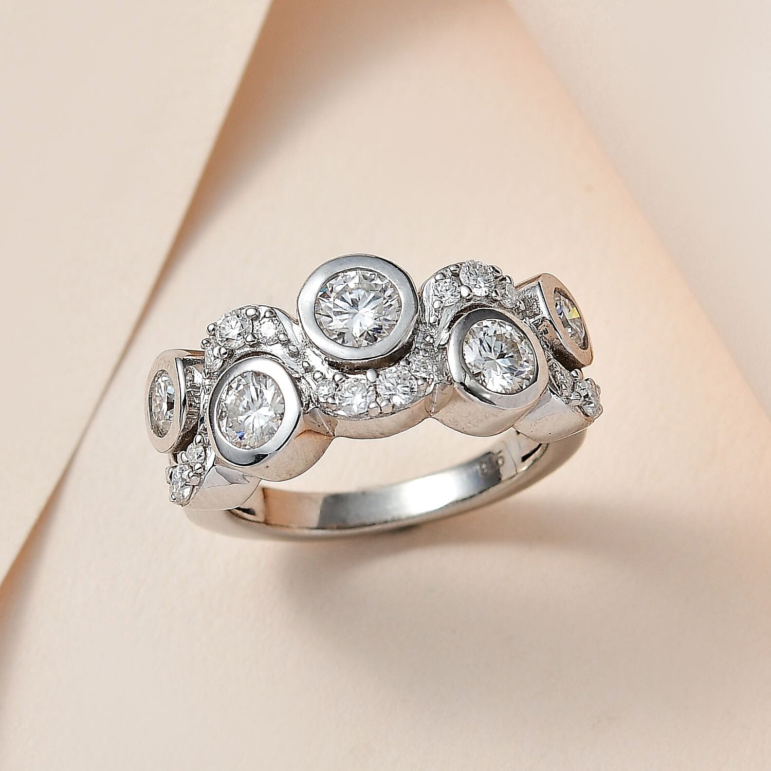 Moissanite Bubble Ring in Platinum Overlay Sterling Silver 1.39 Ct.