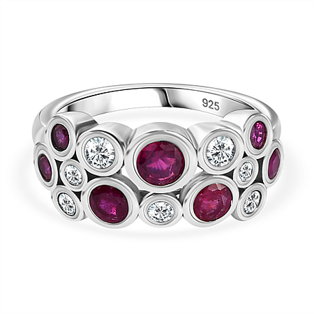 African Ruby & Moissanite Bubble Ring in Platinum Overlay Sterling Silver