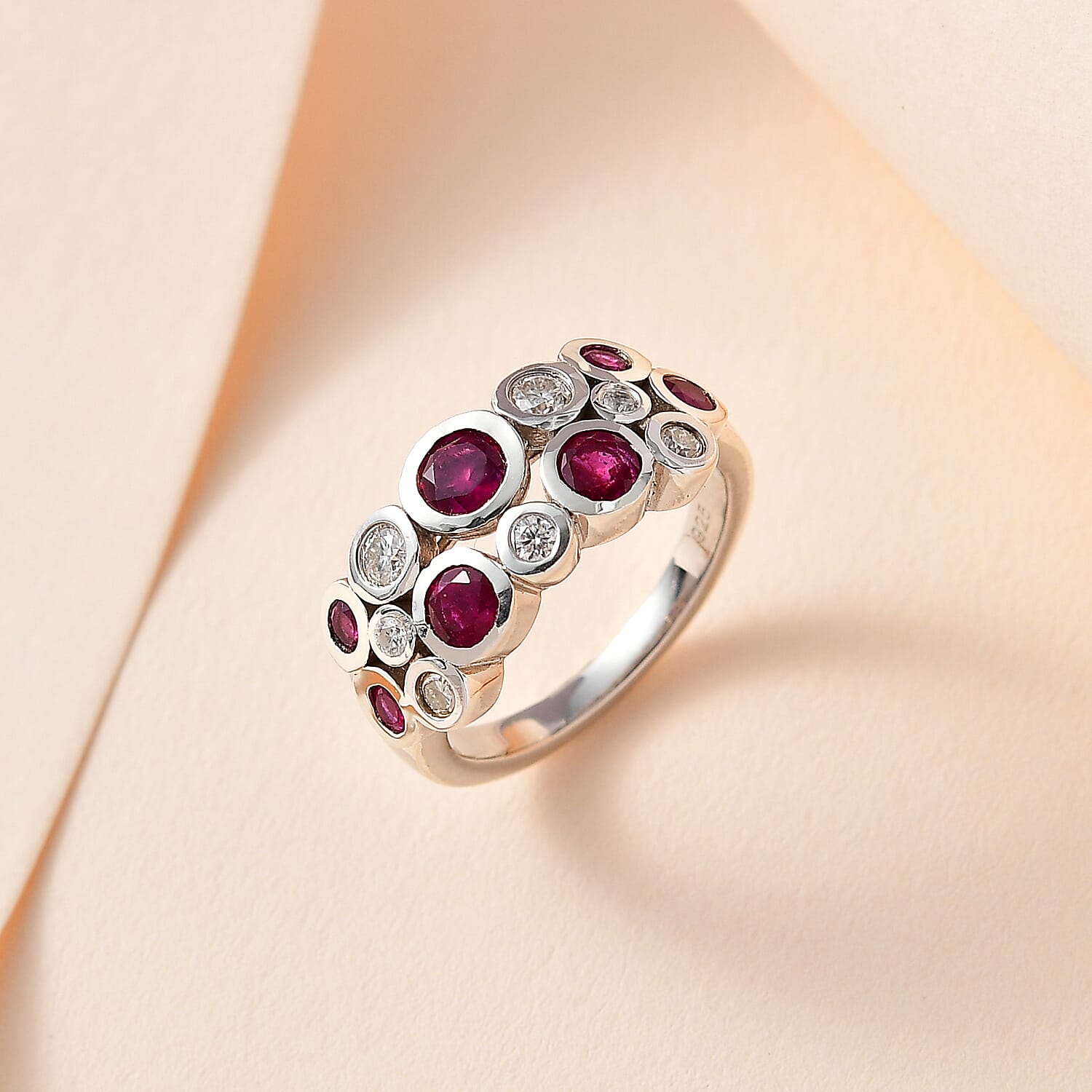 African Ruby & Moissanite Bubble Ring in Platinum Overlay Sterling Silver