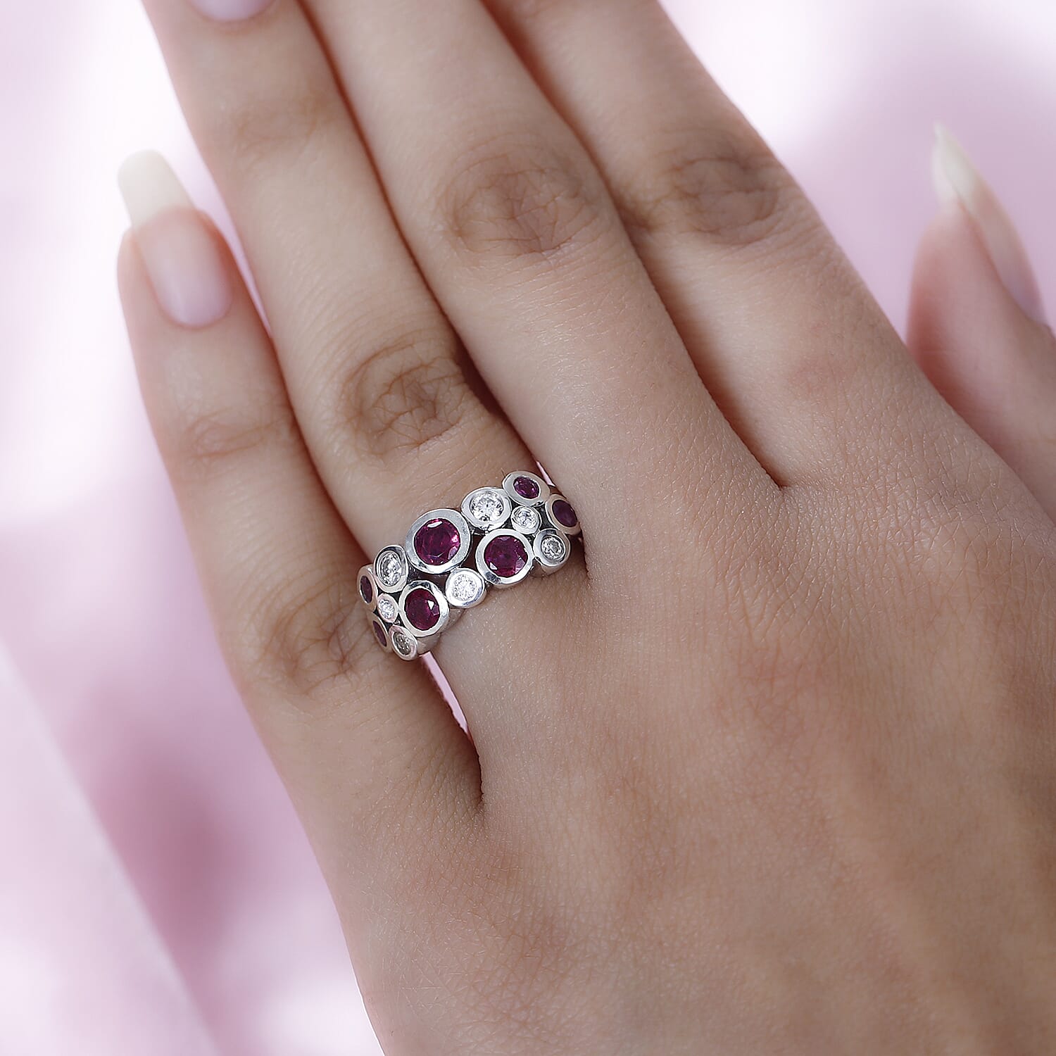 African Ruby & Moissanite Bubble Ring in Platinum Overlay Sterling Silver