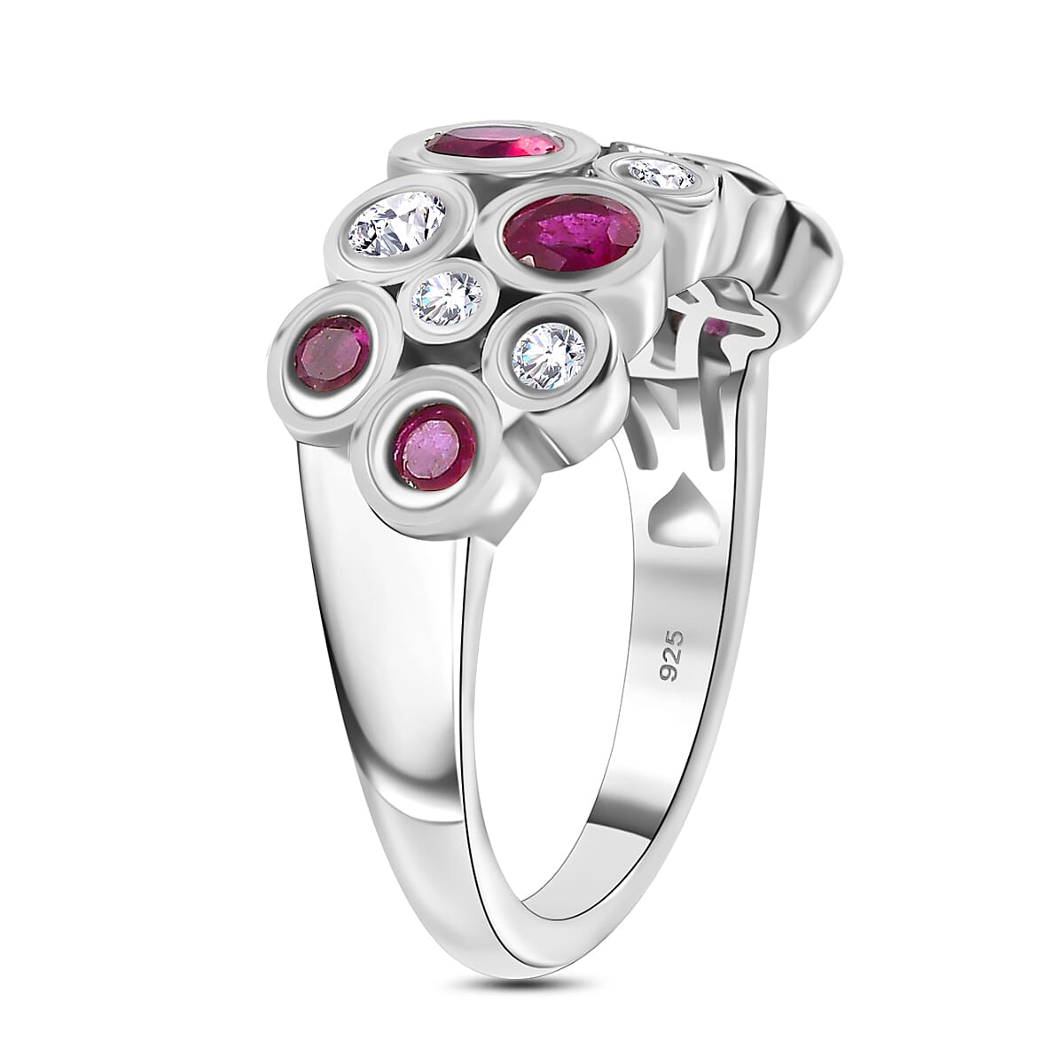 African Ruby & Moissanite Bubble Ring in Platinum Overlay Sterling Silver