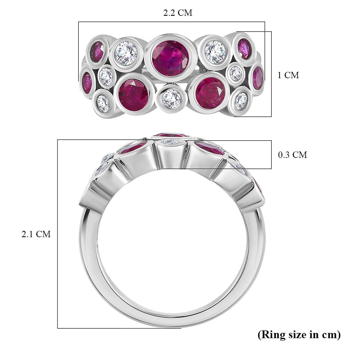 African Ruby & Moissanite Bubble Ring in Platinum Overlay Sterling Silver