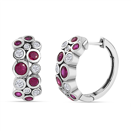 African Ruby and Moissanite Bubble Earrings in Platinum Overlay Sterling Silver