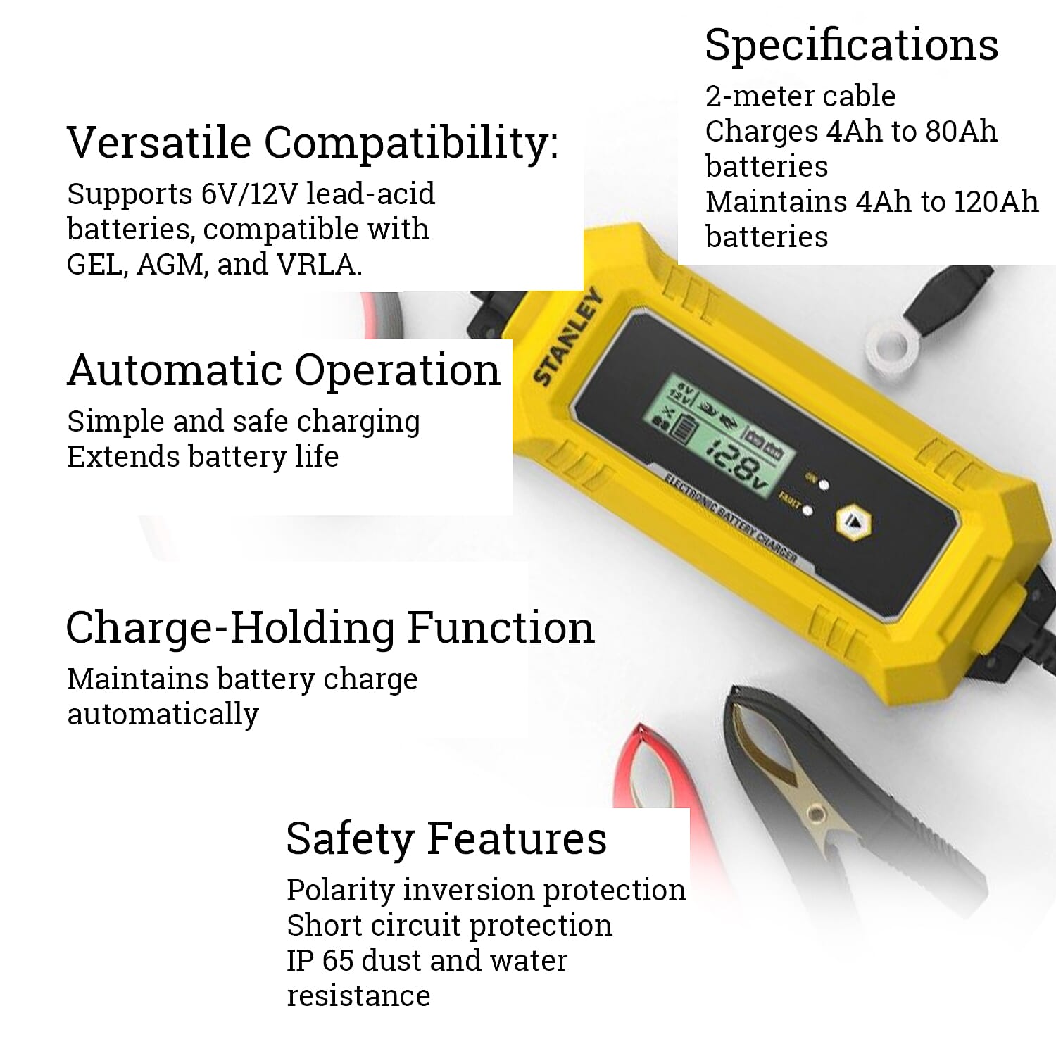 Stanley Smart Battery Charger - Plug Charge GO! (6-12V 4A) -Yellow