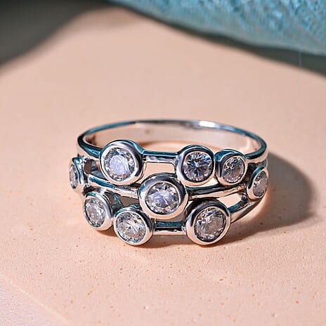 Designer Inspired - Moissanite Bubble Ring in Rhodium Overlay Sterling Silver