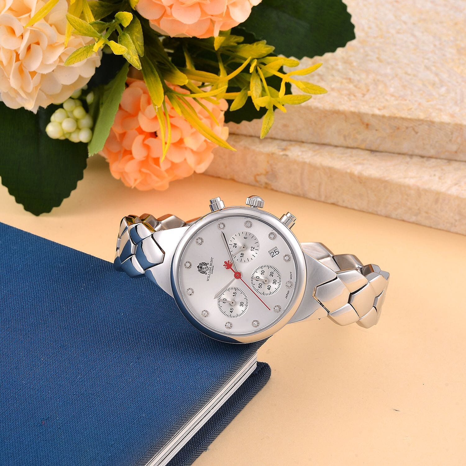 WILLIAM HUNT Japan Movt. White Dial 5 ATM WR Moissanite Watch with Stainless Steel Chain Strap