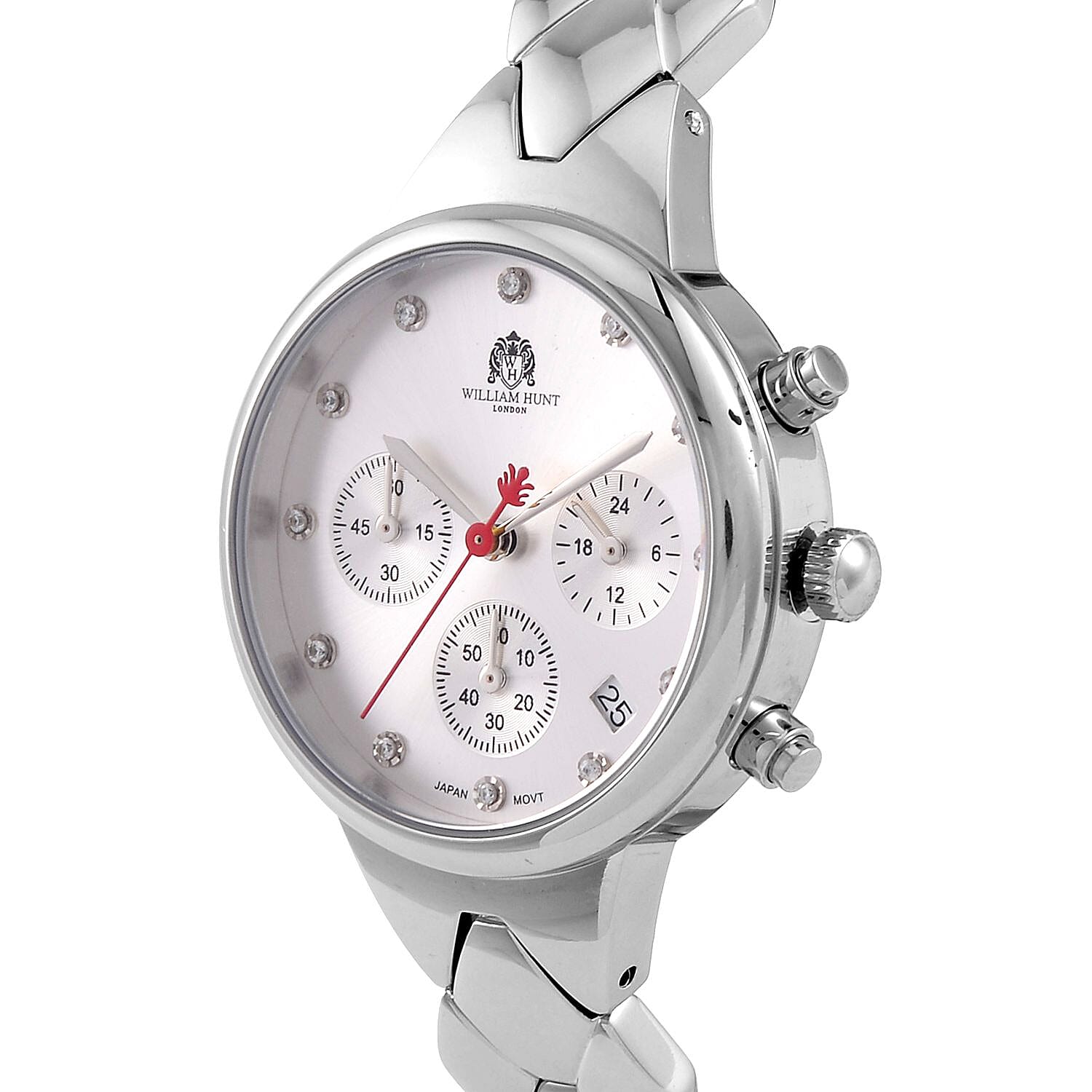 WILLIAM HUNT Japan Movt. White Dial 5 ATM WR Moissanite Watch with Stainless Steel Chain Strap