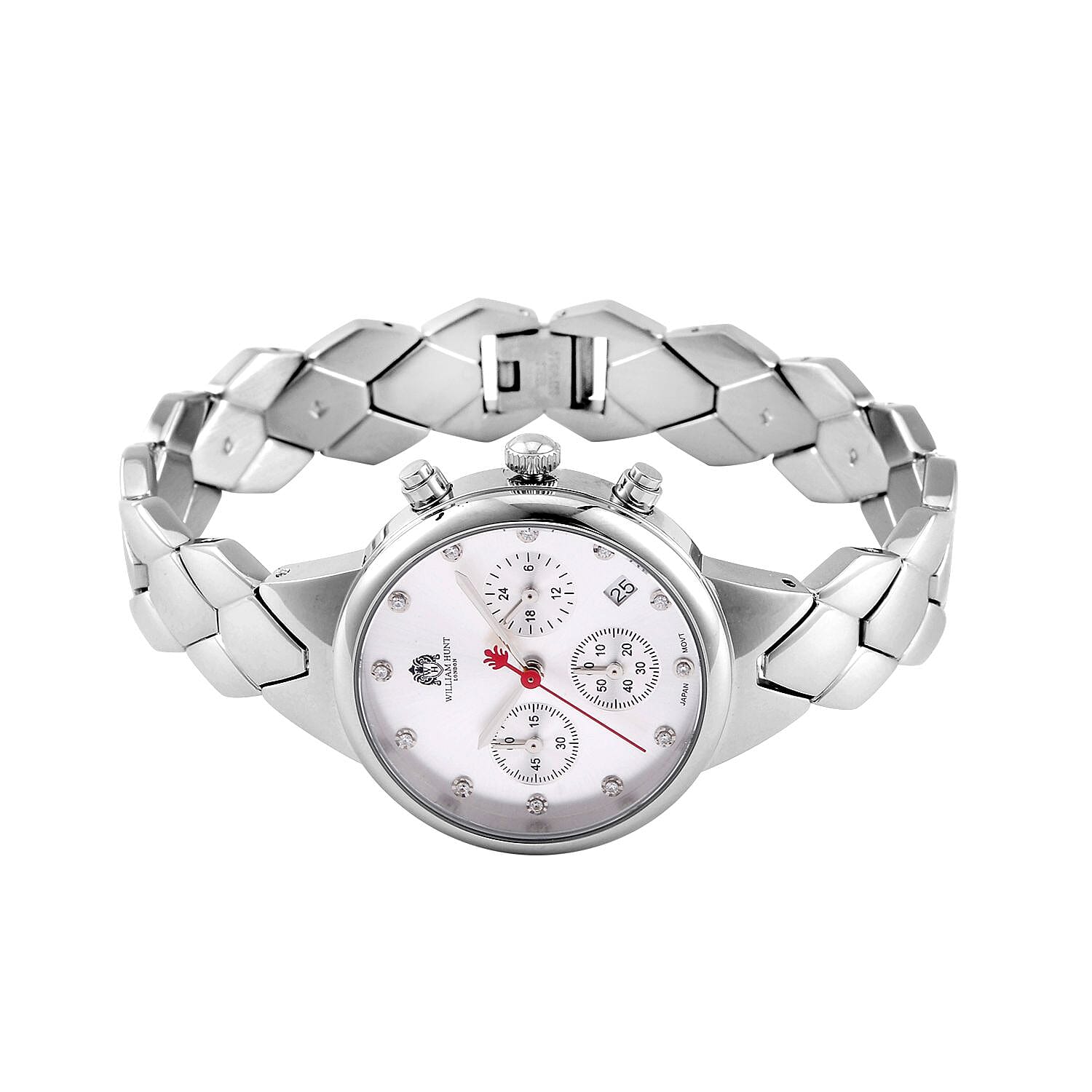 WILLIAM HUNT Japan Movt. White Dial 5 ATM Water Resistant Moissanite Watch with Stainless Steel Chain Strap