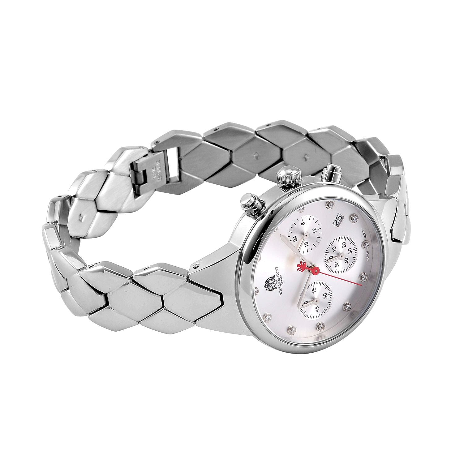 WILLIAM HUNT Japan Movt. White Dial 5 ATM Water Resistant Moissanite Watch with Stainless Steel Chain Strap