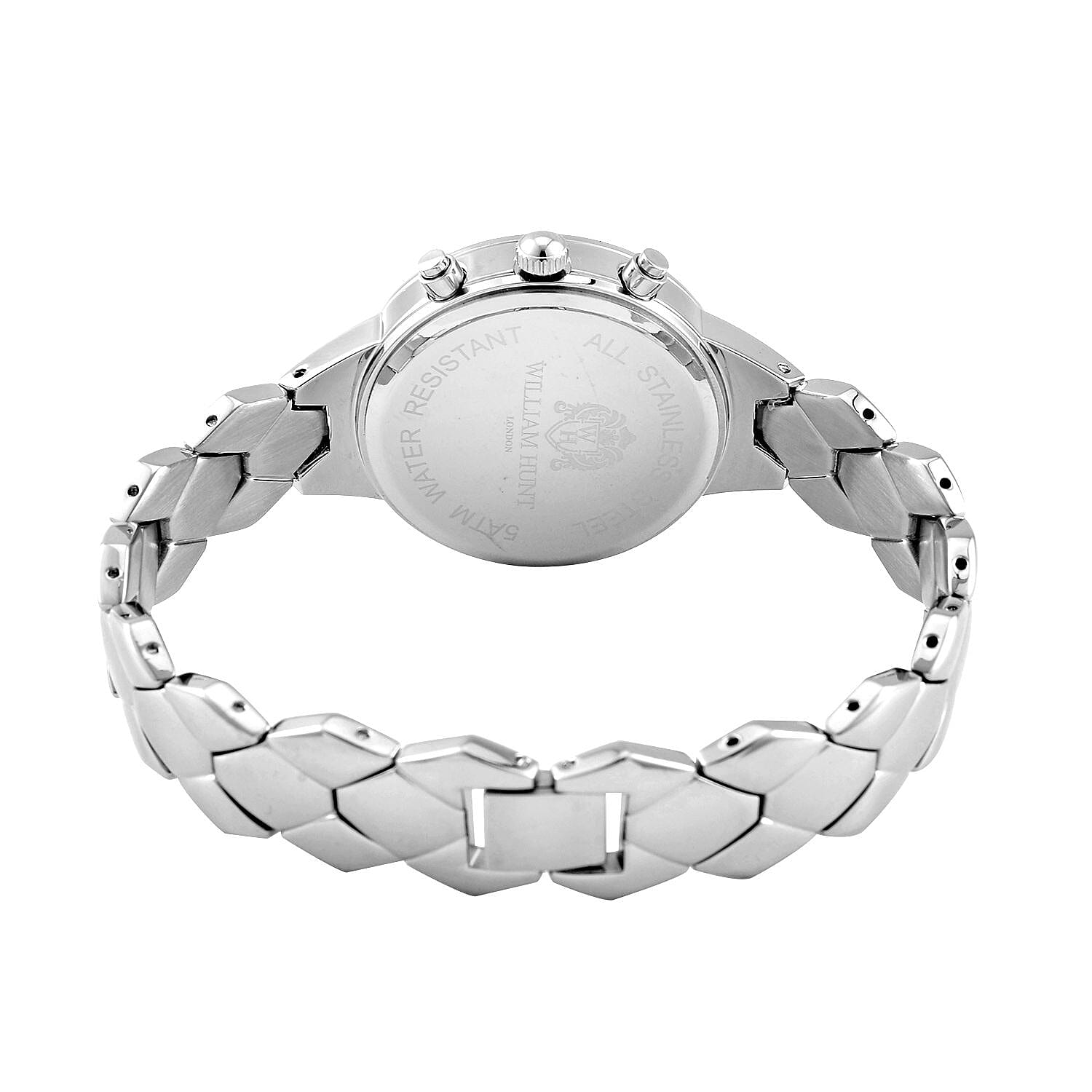 WILLIAM HUNT Japan Movt. White Dial 5 ATM Water Resistant Moissanite Watch with Stainless Steel Chain Strap